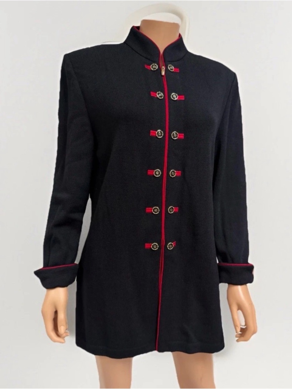 St.John by Marie Gray Black Santana knit Military Style Long Jacket w/Red Trim